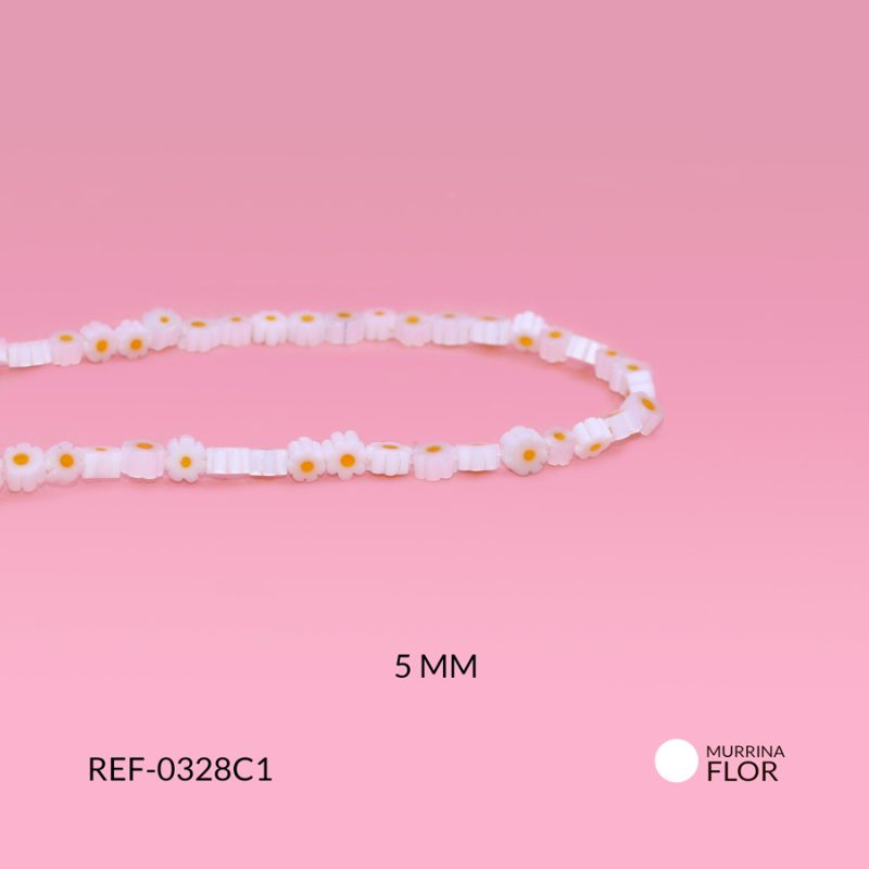 Murrina flor blanca centro amarillo 5mm / x sarta / Ref-0328C1 / Ref-0328C1