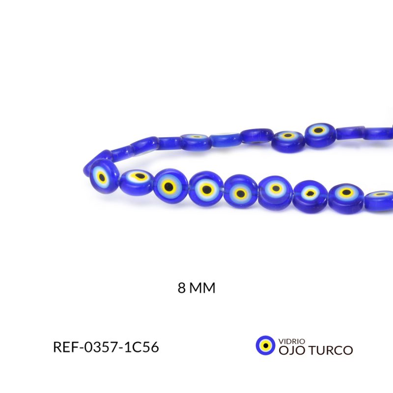 Ojo turco vidrio plano 8 mm color azul rey circulo amarillo / x sarta / Ref-0357-1C56