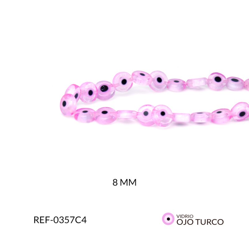 Ojo turcos vidrio plano 8 mm color rosado / x sarta / Ref-0357C4