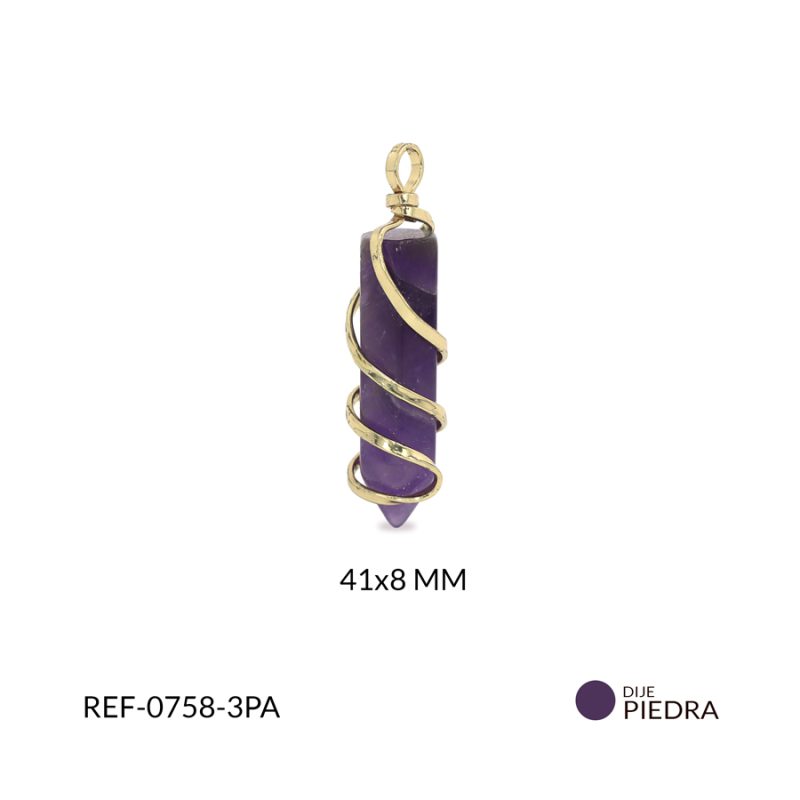 Dije péndulo entorchado piedra natural amatista 41x8mm / x unidad / Ref-0758-3PA / Ref-0758-3PA