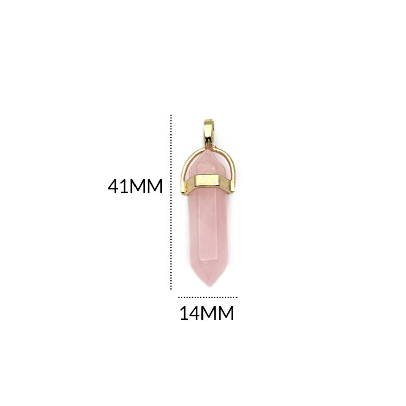 Pendulo en zamak dorado cilindro piedra cuarzo rosado 8 x 41mm / x und / REF-0758CR
