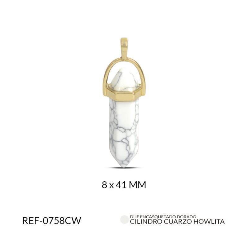 Pendulo zamak dorado cilindro cuarzo howlita / 8x41MM / Ref-0758CW