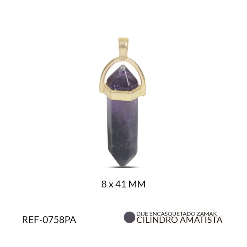 Pendulo zamak dorado cilindro amatista 8x41MM / Ref-0758PA