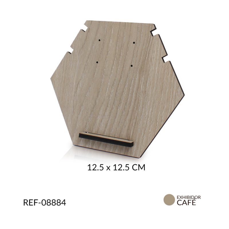 Exhibidor madera MDF hexagono para collar y topos ranuras 12.5x12.5cm / x unidad / Ref-08884 / Ref-08884