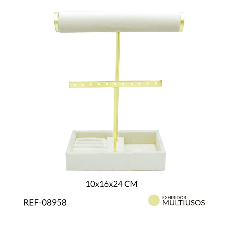 Exhibidor multiusos con base recatangular color beige con dorado 10x26×24 cm / x unidad / ref-08958