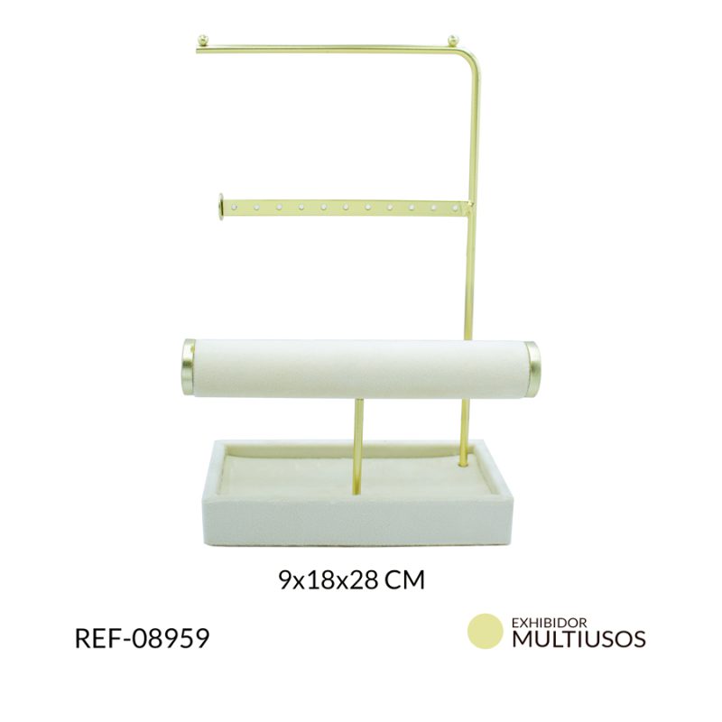 Exhibidor multiusos tubo con F base rectangular color beige con dorado 9×18×28 cm / x unidad / ref-08959