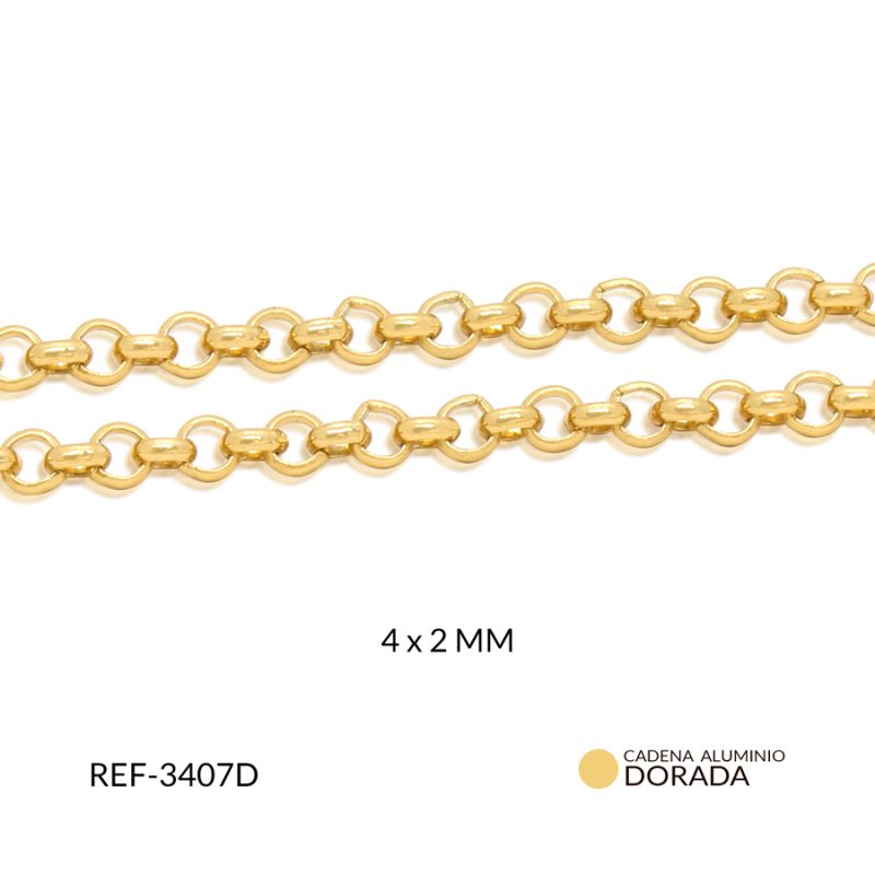 Cadena en aluminio argolla ancha valentin 2 x 4 mm color dorado / x metro / REF-3407D