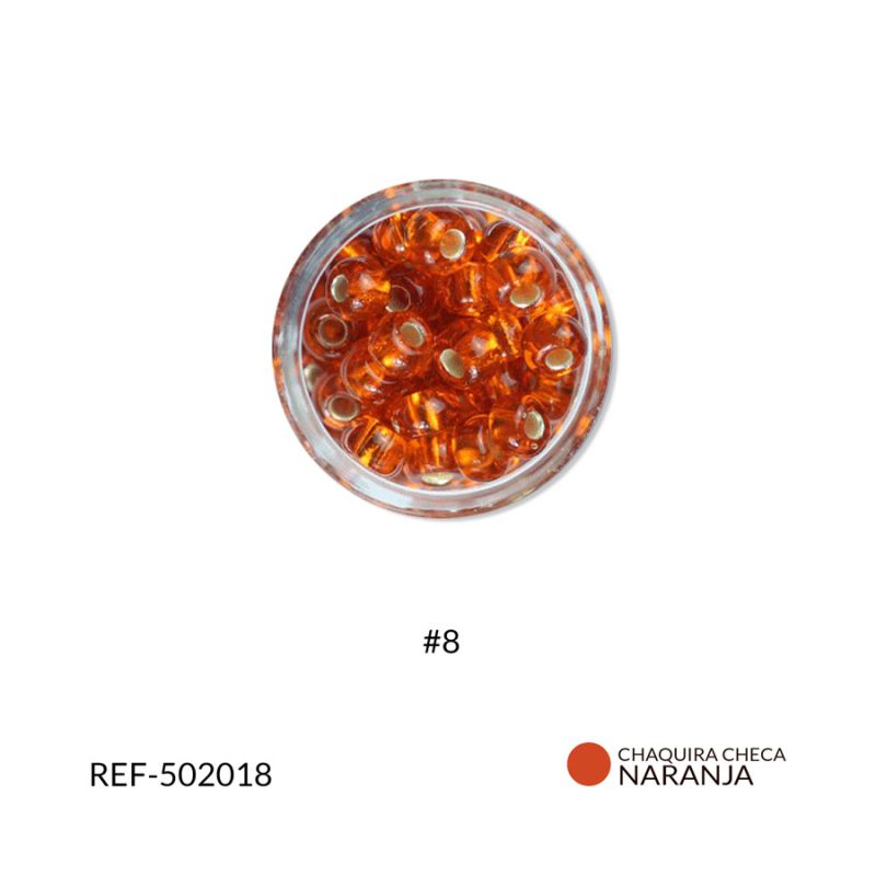 Chaquira checa color centro plata naranja claro rojizo #8 / paquete x 25 gramos / Ref-502018P