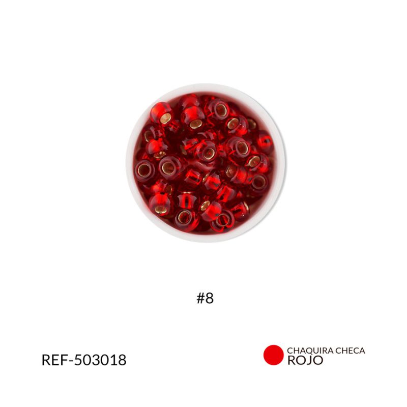Chaquira checa color centro plata rojo #8 / paquete x 25 gramos / Ref-503018P
