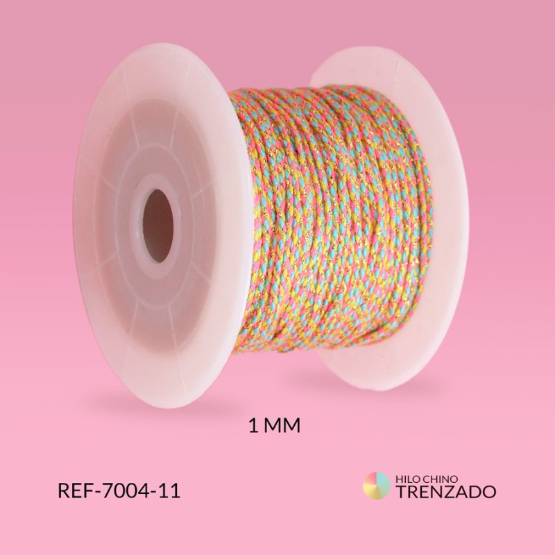 Hilo chino salmon-amarillo-azul trenzado con lurex 1mm / x rollo 25 metros aprox / Ref-7004-11 / Ref-7004-11