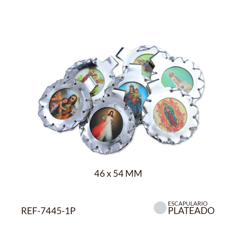 Escapulario redondo cuero 46 x 54mm color plateado / paquete x 2 unidades / Ref-7445-1P / Ref-7445-1P