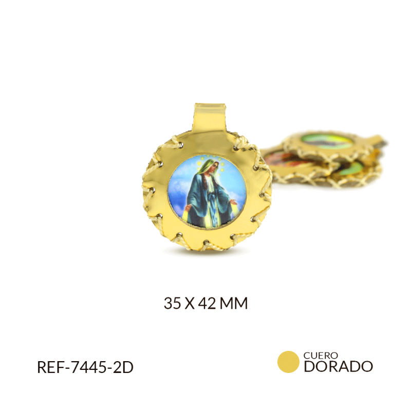 Escapulario cuero redondo dorado 35x42mm / paquete x 2 unidades / Ref-7445-2D / Ref-7445-2D