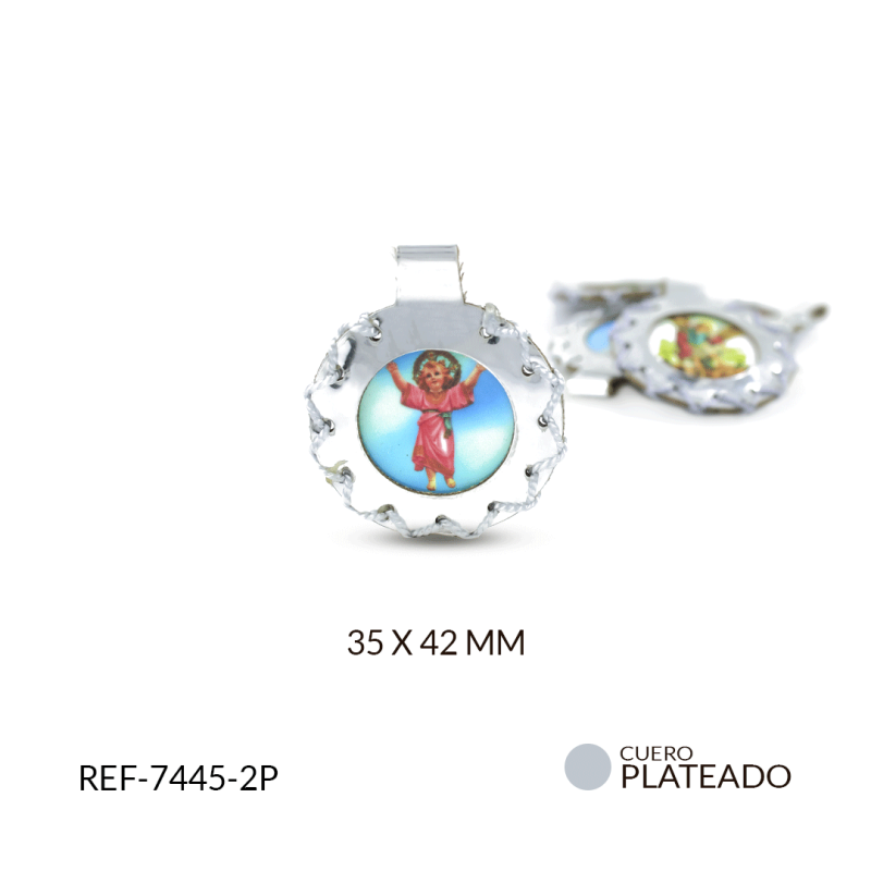 Escapulario cuero redondo plateado 35x42mm / paquete x 2 unidades / Ref-7445-2P / Ref-7445-2P