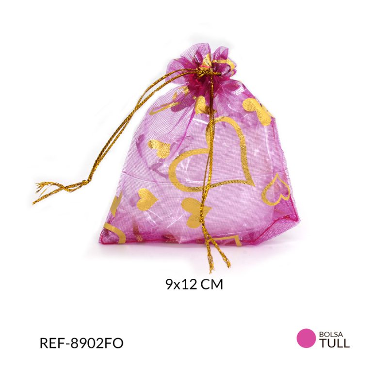 Bolsa Tull fucsia oscura estampado corazones dorados  9 x 12 cm / paquete x 6 unidades / Ref-8902FO