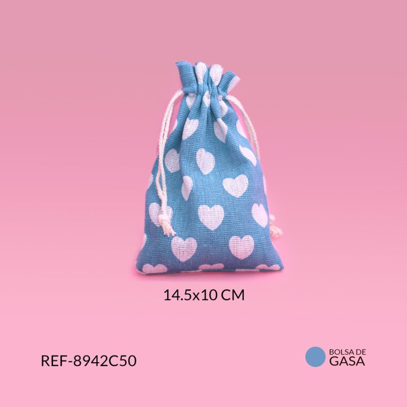 Bolsa de tela algodón azul corazones blancos 14.5x10mm / x unidad / Ref-8942C50 / Ref-8942C50