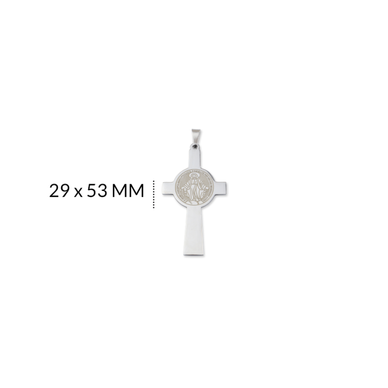 CRUZ ACERO VIRGEN MILAGROSA GRABADA 29 X 53 MM / color dorado / X UND / REF-AC2107N / REF-AC2107N