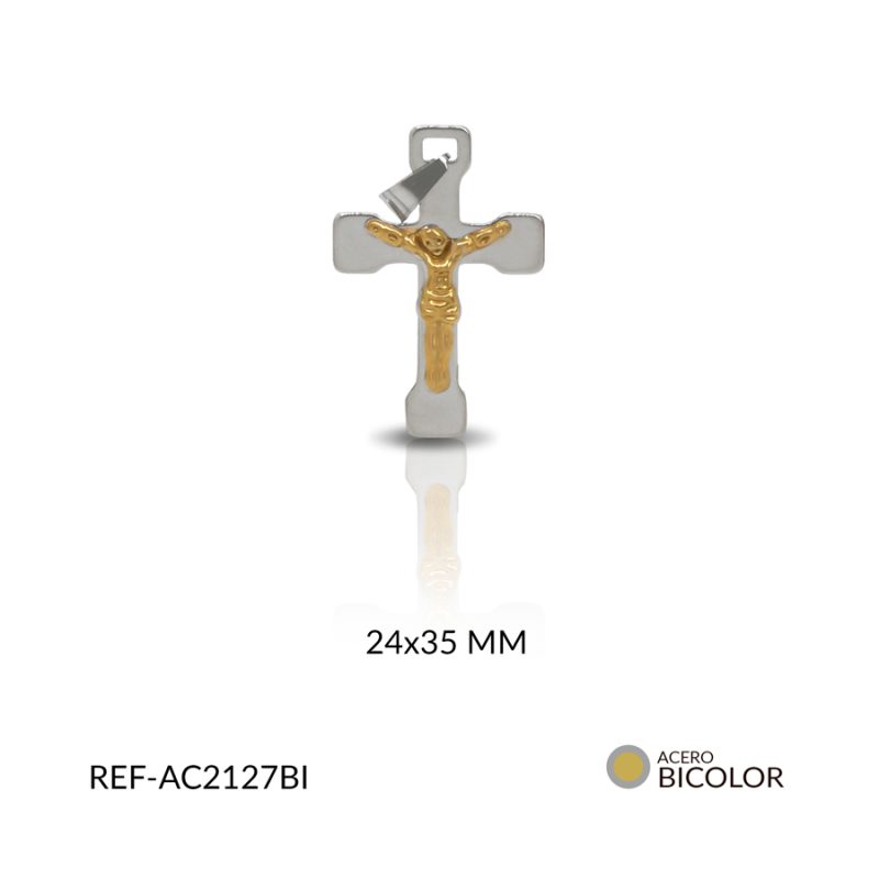 Cruz acero cristo relieve bicolor 24x35mm / x unidad / Ref-AC2127BI / Ref-AC2127BI
