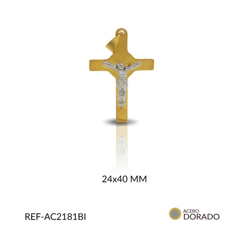 Cruz acero bicolor cristo relieve 24 x40 mm / x unidad / Ref-AC2181BI