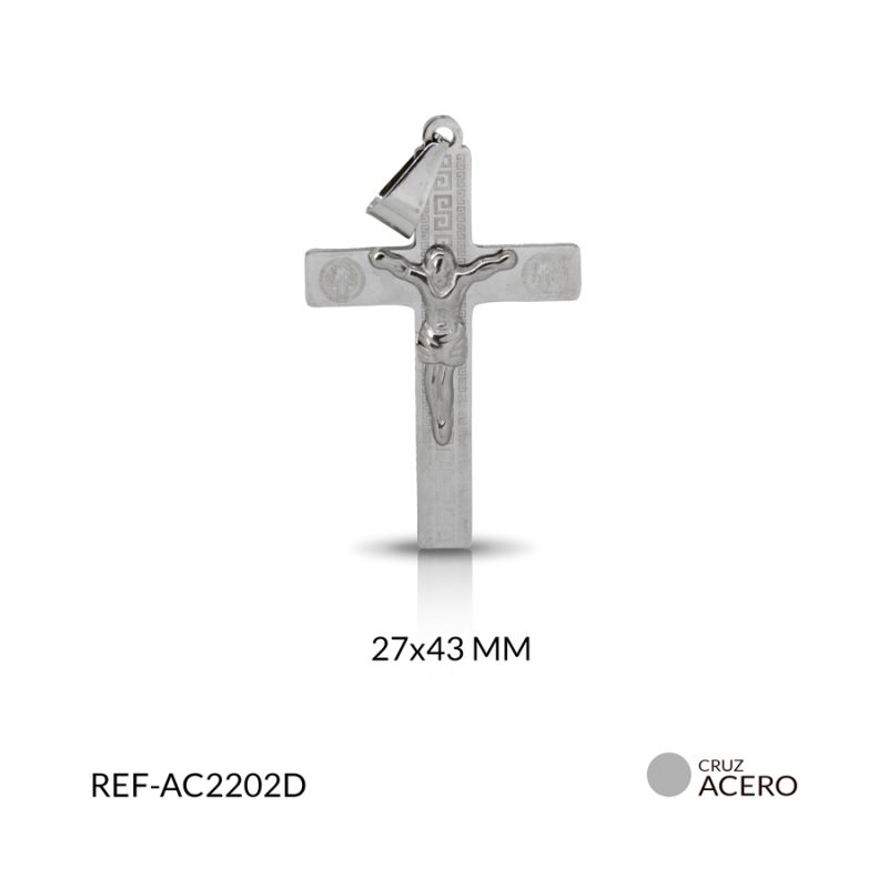 Cruz acero cristo relieve san Benito grabado niquelado 43 x 27 mm / x unidad / Ref-AC2202N