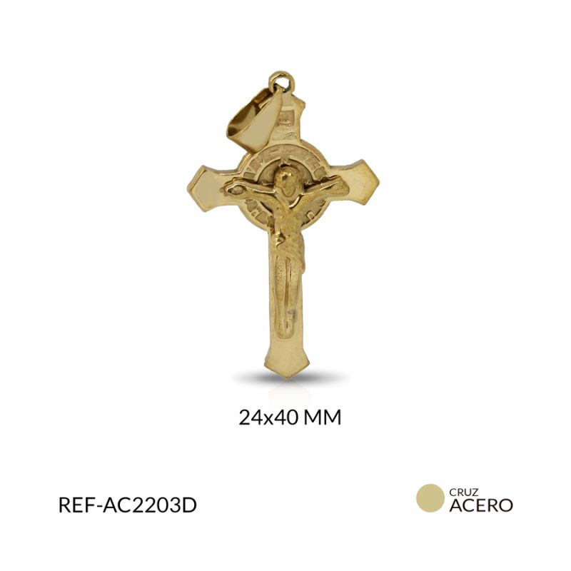 Cruz acero cristo relieve san Benito fundido color dorado  40x24 mm / x unidad / Ref-AC2203D