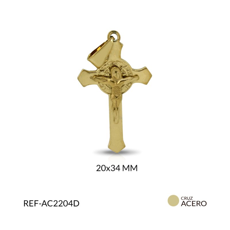 Cruz acero cristo relieve san Benito fundido color dorado 34 x 20 mm / x unidad / Ref-AC2204D