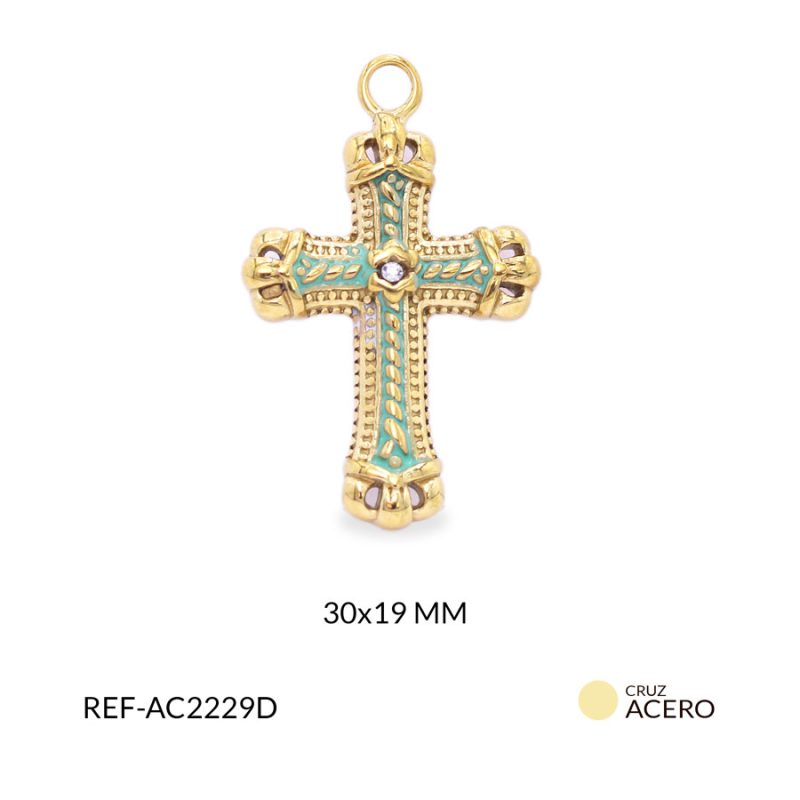 Cruz acero maciza centro entorchado verde menta 30x19mm / x unidad / Ref-AC2229D / Ref-AC2229D