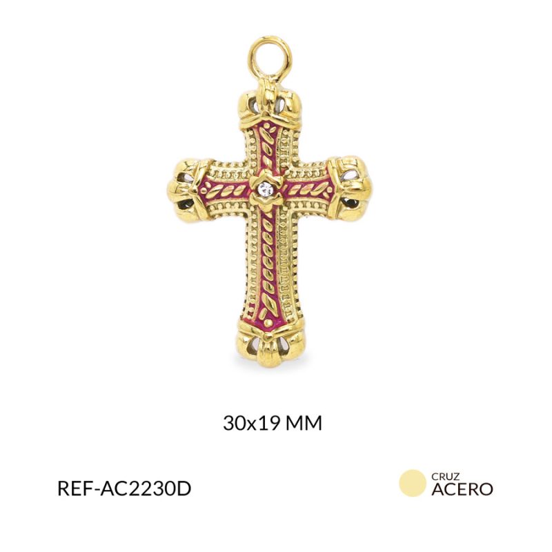 Cruz acero maciza centro entorchado fucsia 30x19mm / x unidad / Ref-AC2230D / Ref-AC2230D