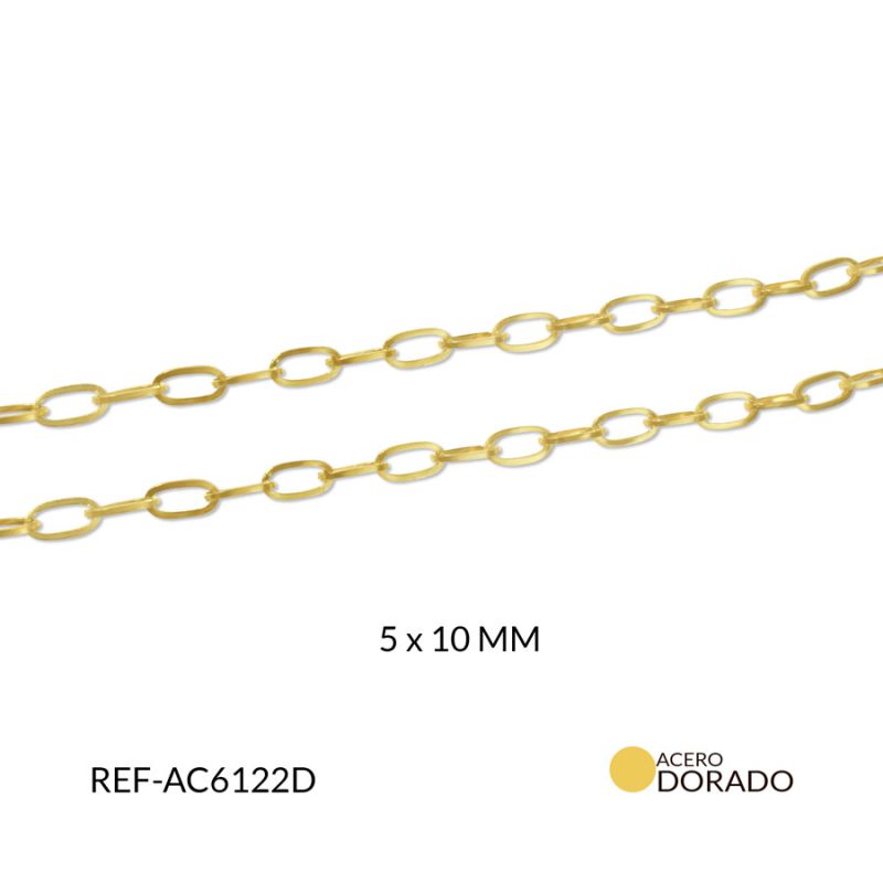 Cadena acero ovalada plana 5 x 10 mm color dorado / x metro / Ref-AC6122D