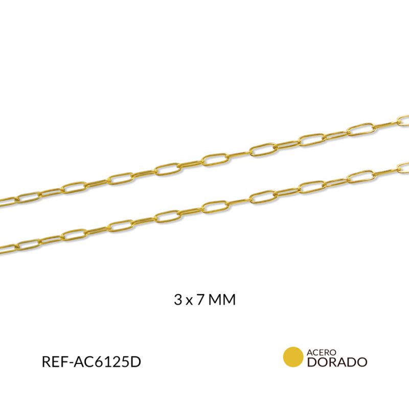 Cadena acero ovalada 3 x 7 mm color dorado / x metro / Ref-AC6125D