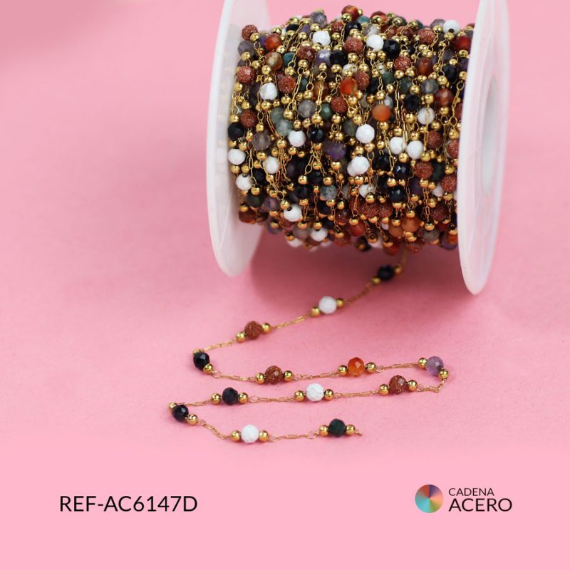 Cadena acero agata facetada 3mm mixta balin 2mm / x 50 centímetros / Ref-AC6147D / Ref-AC6147D