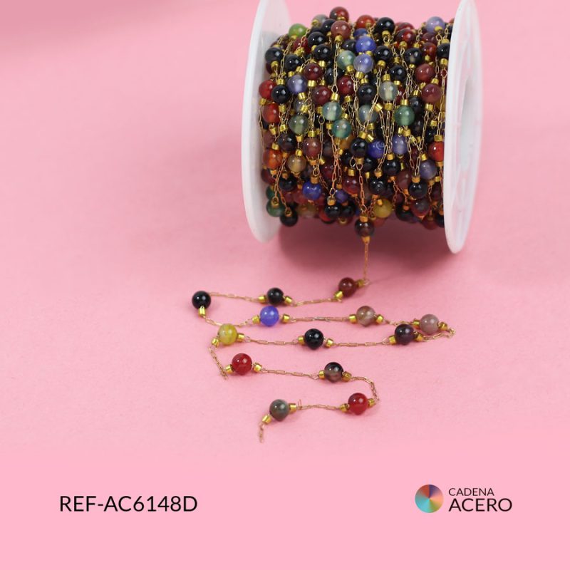 Cadena acero con agata lisa mixta 4mm miyuki dorado / x 50 centimetros / Ref-AC6148D / Ref-AC6148D