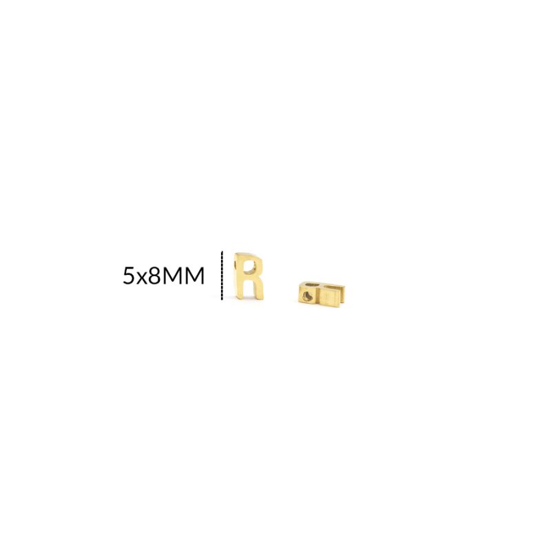 DIJE EN ACERO letra R / 5 X 8MM / color dorado / por unidad / REF-AD0209D / REF-AD0209D
