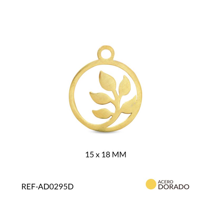 Dije acero circulo hojas rama 15 x 18 mm color dorado / x und / Ref-AD0295D / Ref-AD0295D