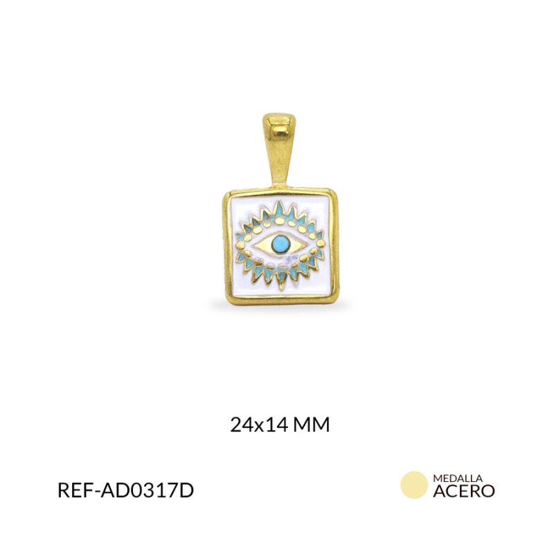 Dije acero cuadrado resina blanca ojo verde menta 24x14mm / x unidad / Ref-AD0317D / Ref-AD0317D