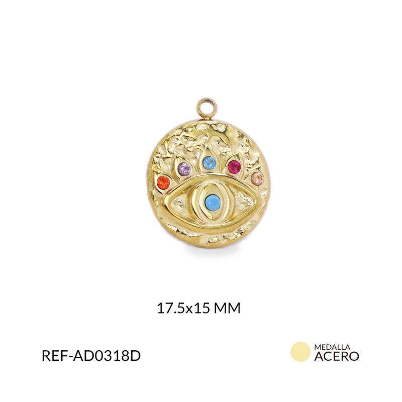 Dije acero redondo ojo turco puntos multicolores 17.5x15mm / x unidad / Ref-AD0318D / Ref-AD0318D