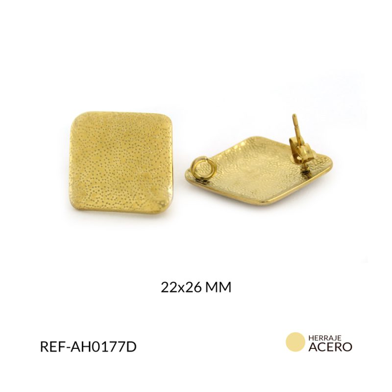Herraje acero dorado para arete rombo con textura 22 x 26 mm / x par / Ref-AH0177D / Ref-AH0177D