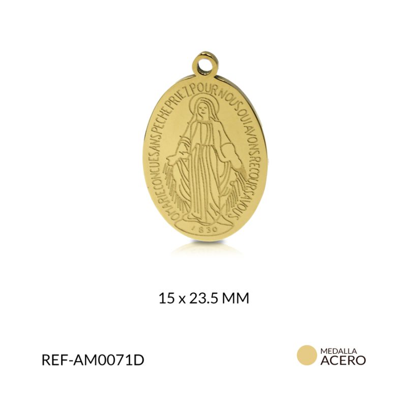 Medalla en acero dorada virgen milagrosa 15 x 23.5 mm / x und / Ref-AM0071D
