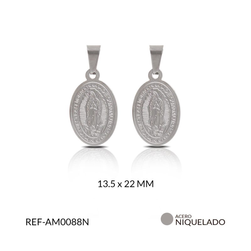 Medalla acero virgen guadalupe grabada 13.5 x 22 mm color niquelado / x und / Ref-AM0088N