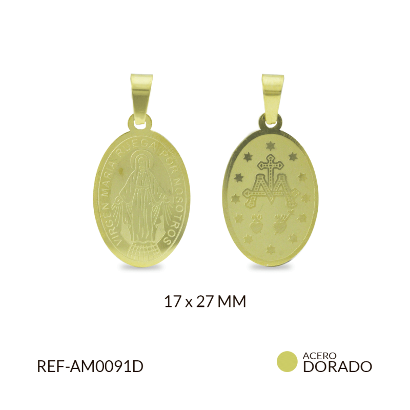 Medalla Acero Grabada Virgen Milagrosa 17 x 27 mm color dorado / x und / REF-AM0091D