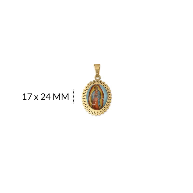MEDALLA ACERO VIRGEN GUADALUPE EN RESINA 17 X 24 MM / color dorado / X UNIDAD / REF-AM0158D / REF-AM0158D