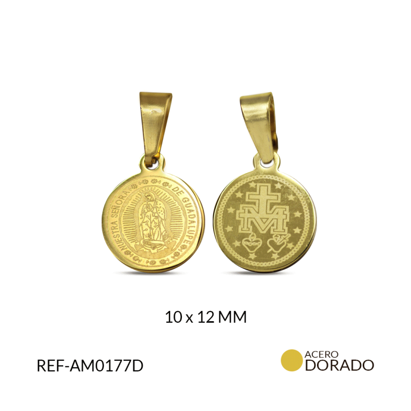 Medalla acero dorado Virgen de Guadalupe pintada 10 x 12 mm / x unidad / REF-AM0177D