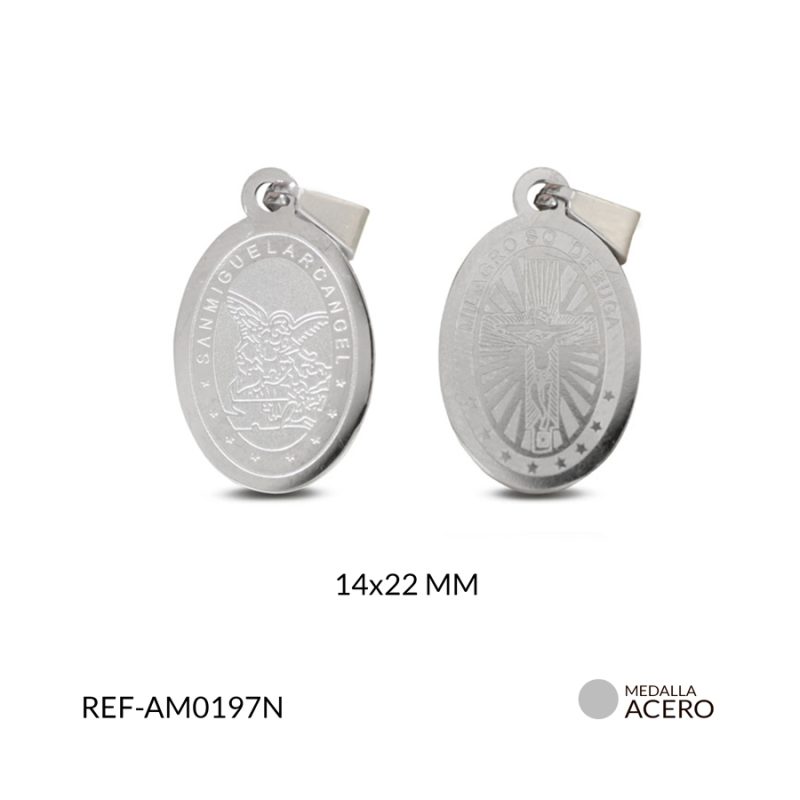 Medalla acero san miguel arcangel + milagroso de buga grabado 14 x 22 mm / x und / Ref-AM0197N