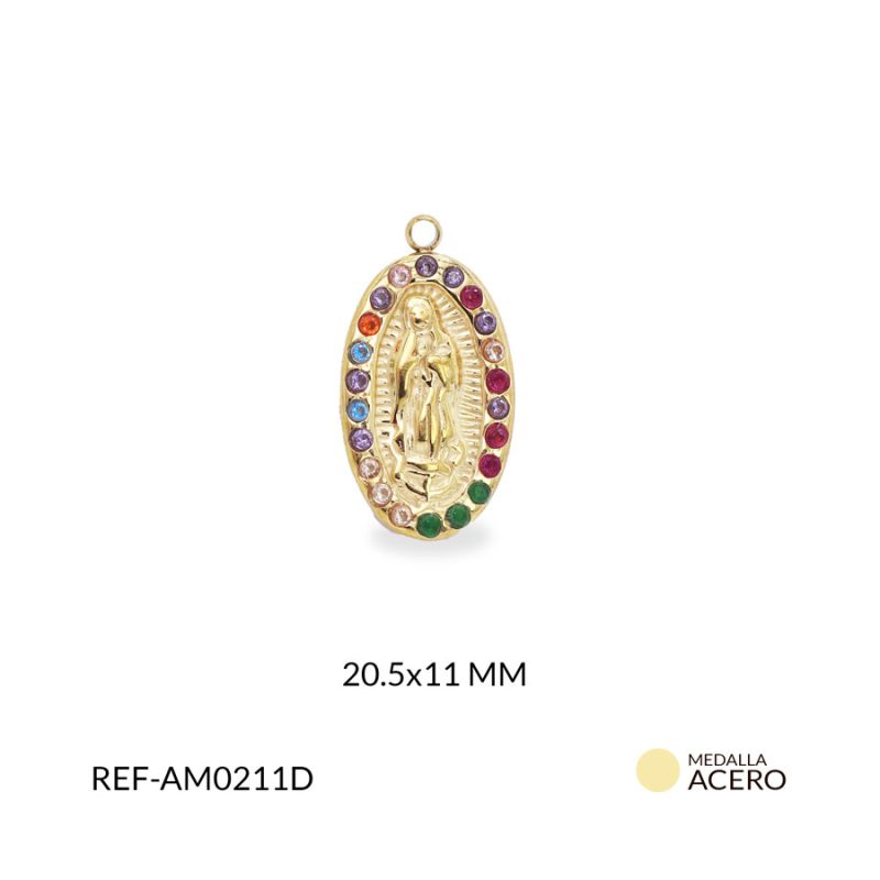Medalla acero ovalada Virgen de Guadalupe circones multicolor 20.5x11mm / x unidad / Ref-AM0211D / Ref-AM0211D