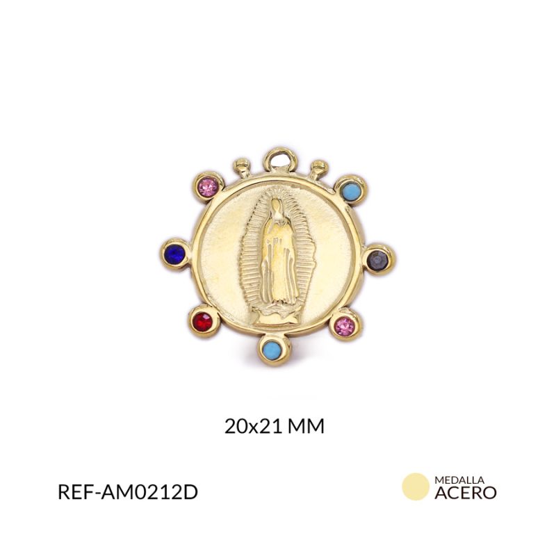 Medalla acero redondo Virgen De Guadalupe 7 circones multicolor 20x21mm / x unidad / Ref-AM0212D / Ref-AM0212D