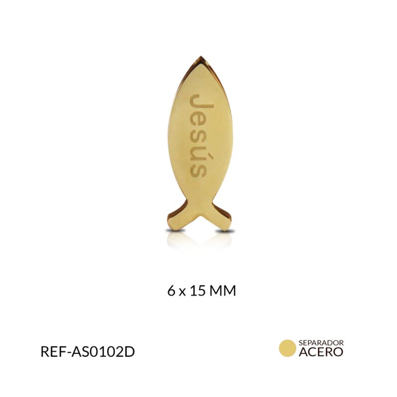 Separador acero pez con frase Jesus 6 x 15 mm color dorado / x und / Ref-AS0102D