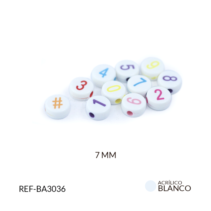 Separador acrílico plano blanco números mixtos 7mm / paquete x 20 gramos / Ref-BA3036 / Ref-BA3036