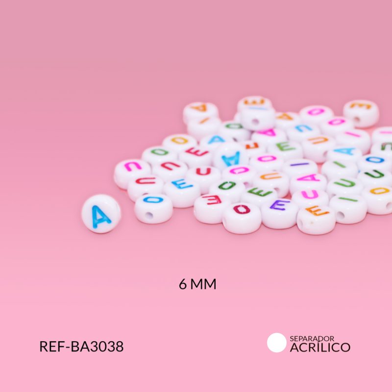 Separador acrílico Vocales mixtas redondo planas blanco 6mm / paquete x 20 gramos / ref-BA3038 / ref-BA3038