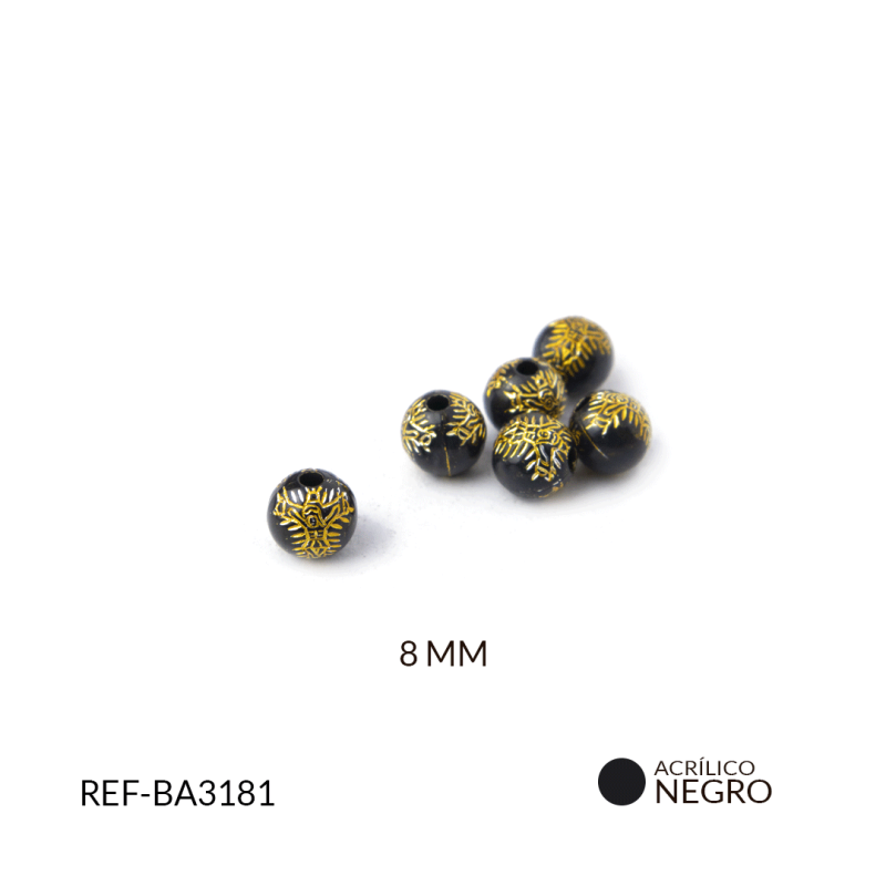 BOLA ACRILICO NEGRA CRISTO MILAGROSO DORADO 8MM / paquete x 20 grm / REF-BA3181