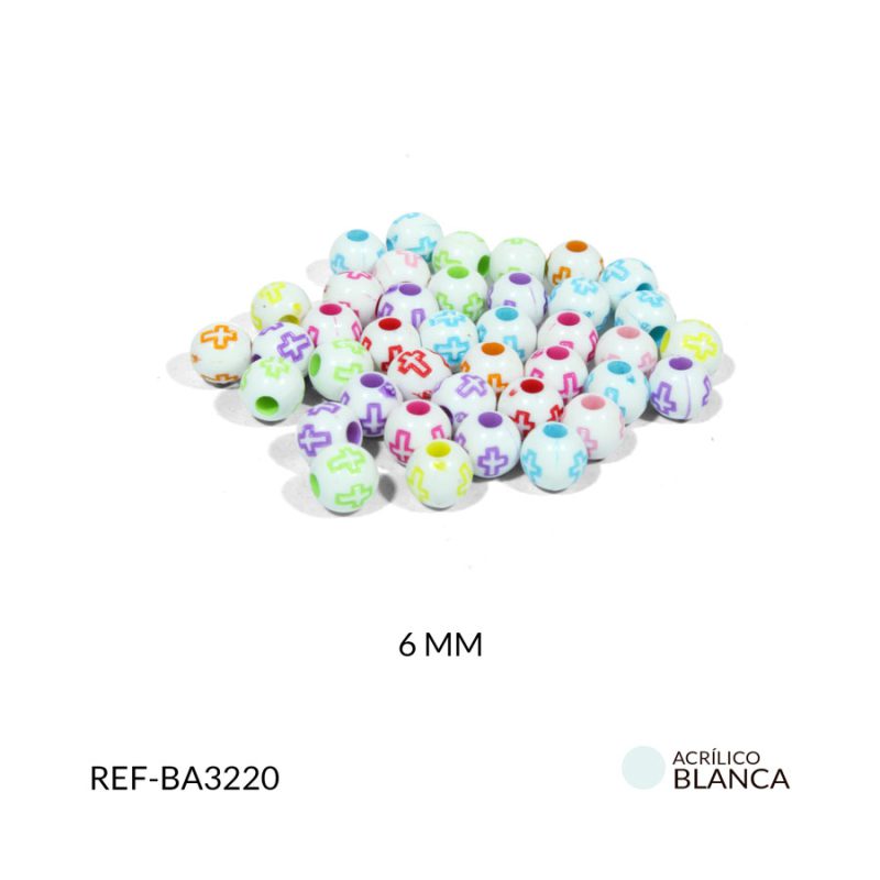 Bola acrílico blanca cruz colores mate 6mm / paquete x 20 gramos / Ref-BA3220