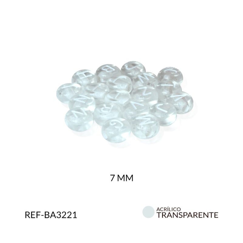 Separador acrílico redondo plano  transparente letras blancas 7mm / paquete x 10 gramos / Ref-BA3221